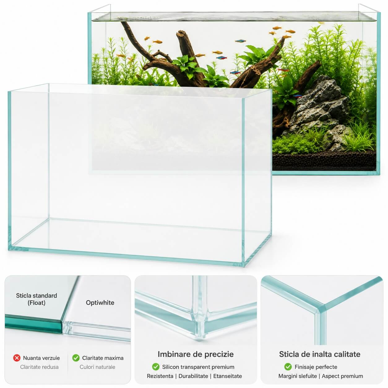 Acvariu sticla pesti exotici OptiWhite 39 Litri, 50x26x30 cm 6 Acvariu OptiWhite gol si amenajat, cu comparatie intre sticla standard si ultraclara