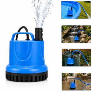 Pompa scos apa cu nivel scazut 4500 lph prezentata alaturi de utilizari pentru piscina, cascada, rezervor si curte inundata