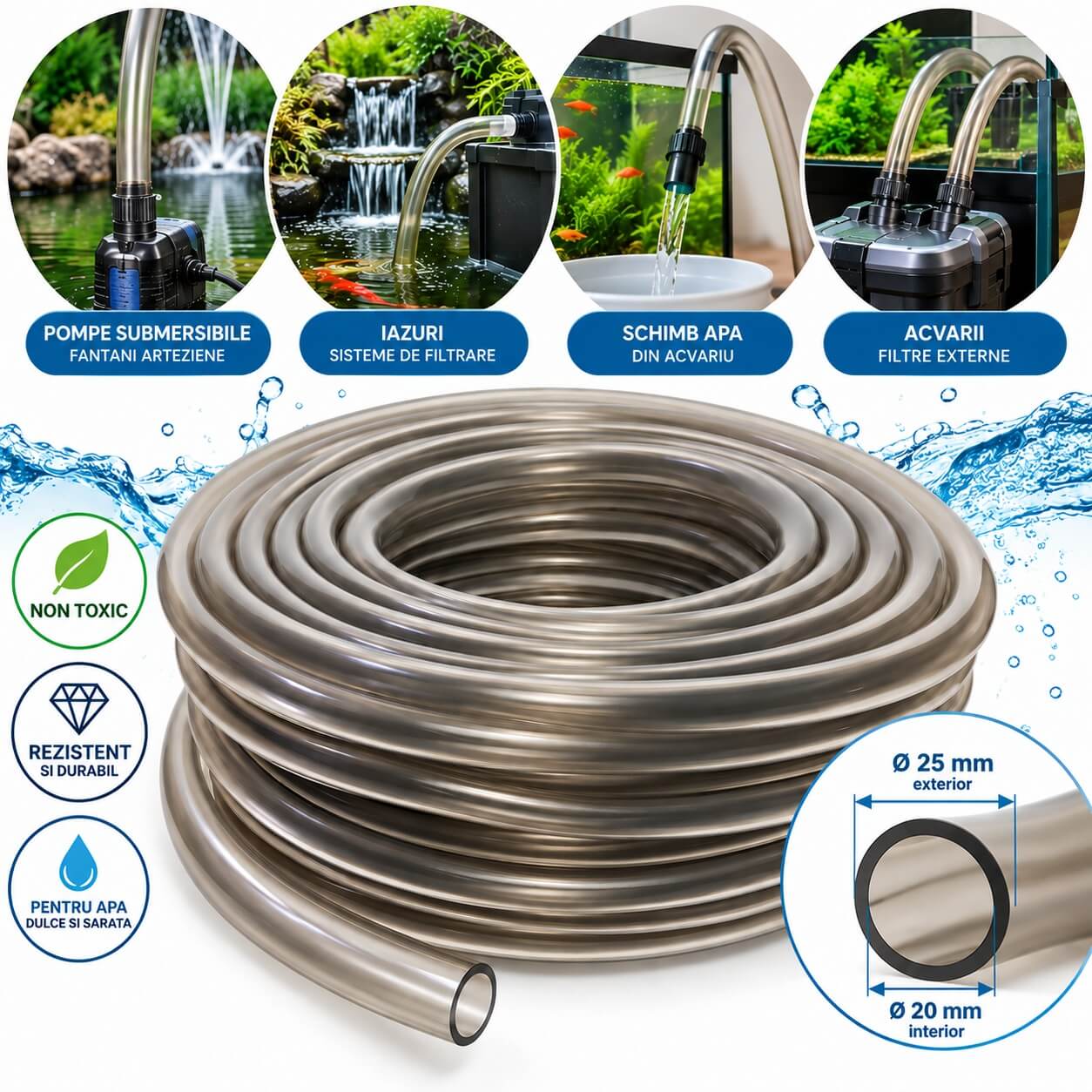 Furtun pompa submersibila 20mm 25mm, iaz acvariu si pompe 1 Furtun pompa submersibila 20mm cu diametru exterior 25 mm, pentru iaz, acvariu, filtrare si fantani arteziene