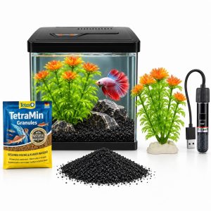 Mini acvariu 4 litri echipat complet cu filtru, iluminare, incalzitor USB 10W, hrana TetraMin, pietris negru si planta artificiala