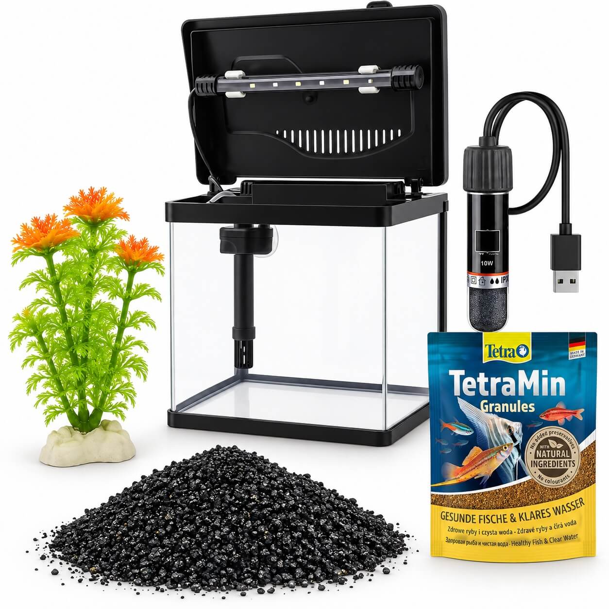 Mini acvariu 4 litri echipat complet pentru pesti 2 Mini acvariu pesti cu capac deschis, iluminare si filtru interior, alaturi de incalzitor 10W, hrana, pietris si planta artificiala