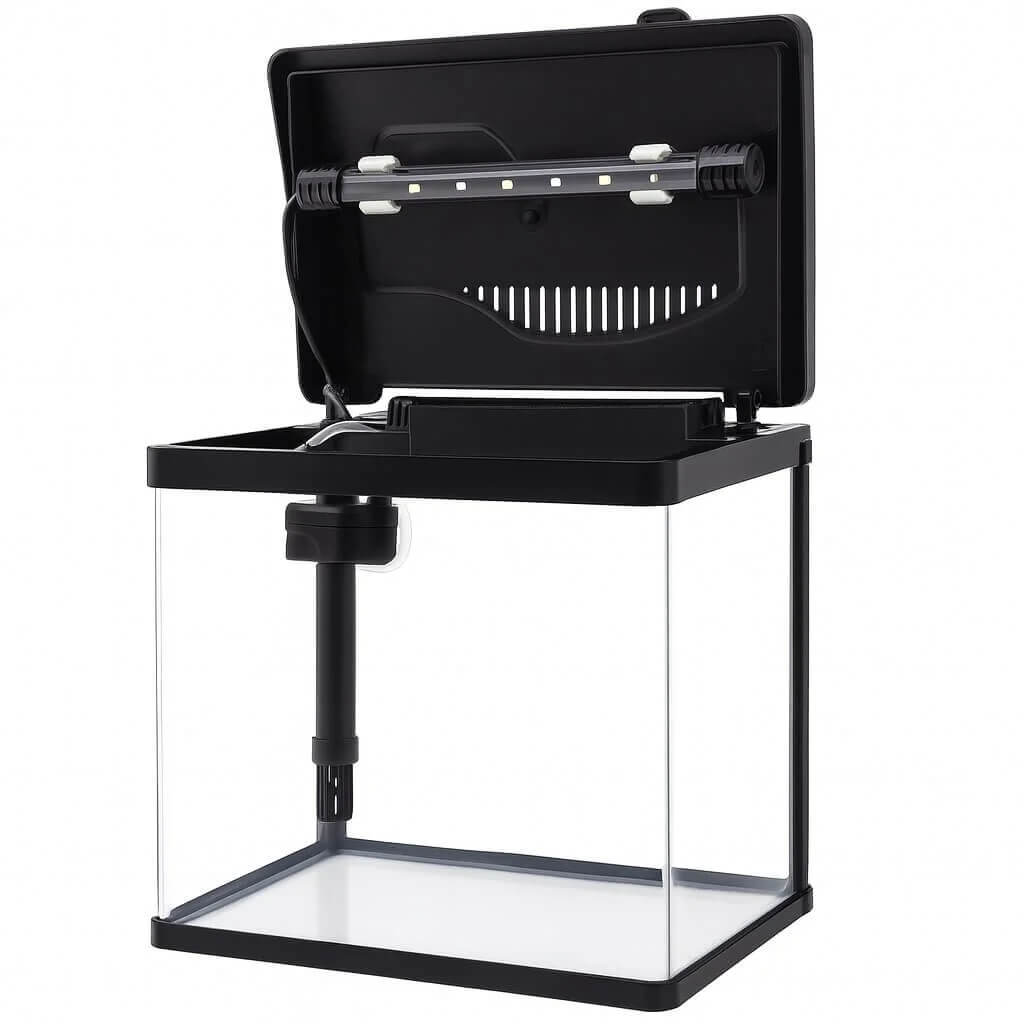 Mini acvariu 4 litri echipat complet pentru pesti 3 Mini acvariu 4 litri echipat cu capac deschis, iluminare LED integrata si filtru interior