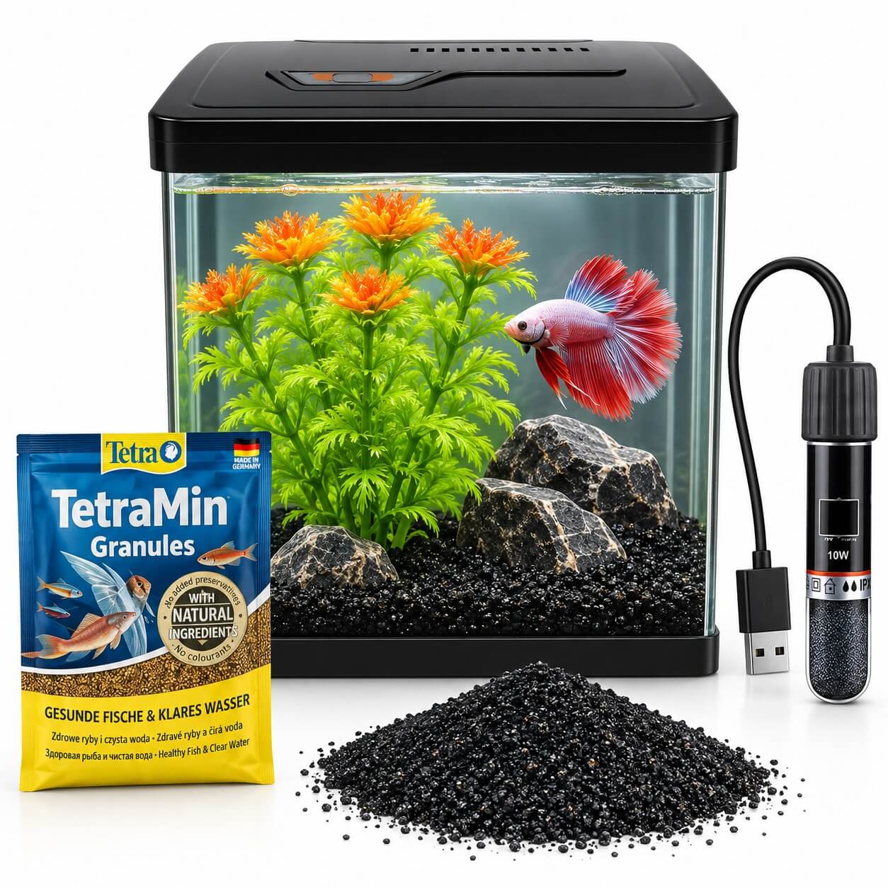 Mini acvariu 4 litri echipat complet pentru pesti 4 Acvariu mic pesti complet echipat, amenajat cu pietris negru si plante, prezentat cu incalzitor USB 10W si hrana TetraMin